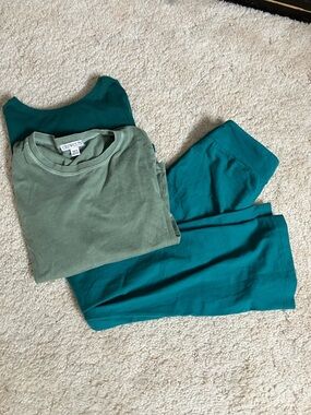 Crewcuts Sage Green Tee Girls with Teal flare (cat jack) Leggings lot (8)